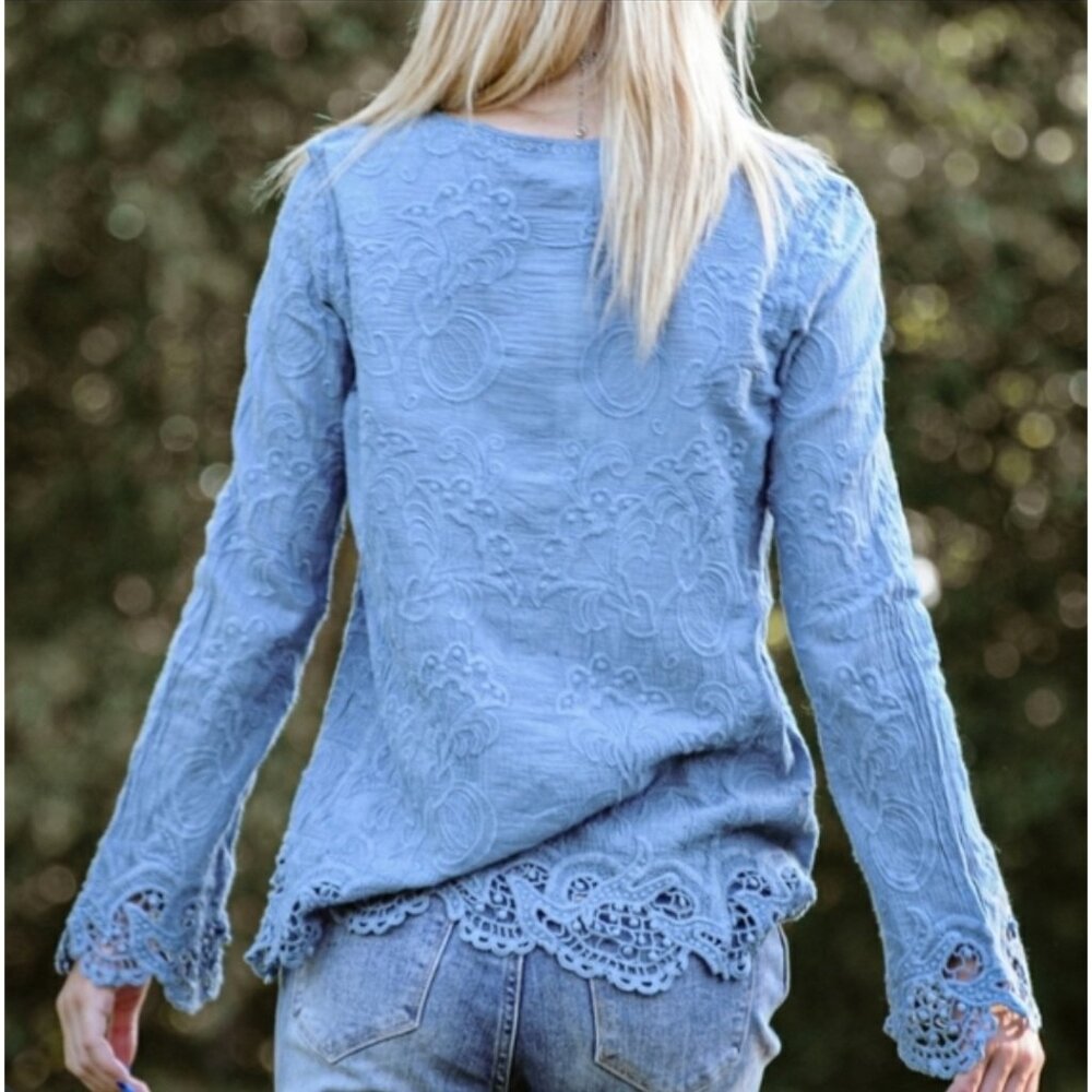 Blue Lace Up Embroidered Crochet Trim Tassel Tunic Top| Coastal Grandma Boho S/M - Picture 16 of 16